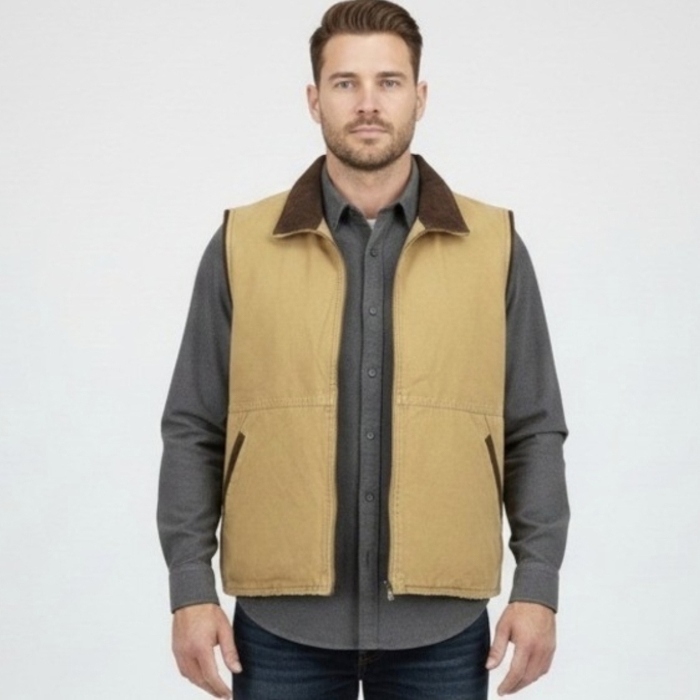 Vintage Wrangler Hero Sherpa Lined Insulated Tan Corduroy Mens Medium Zip Vest